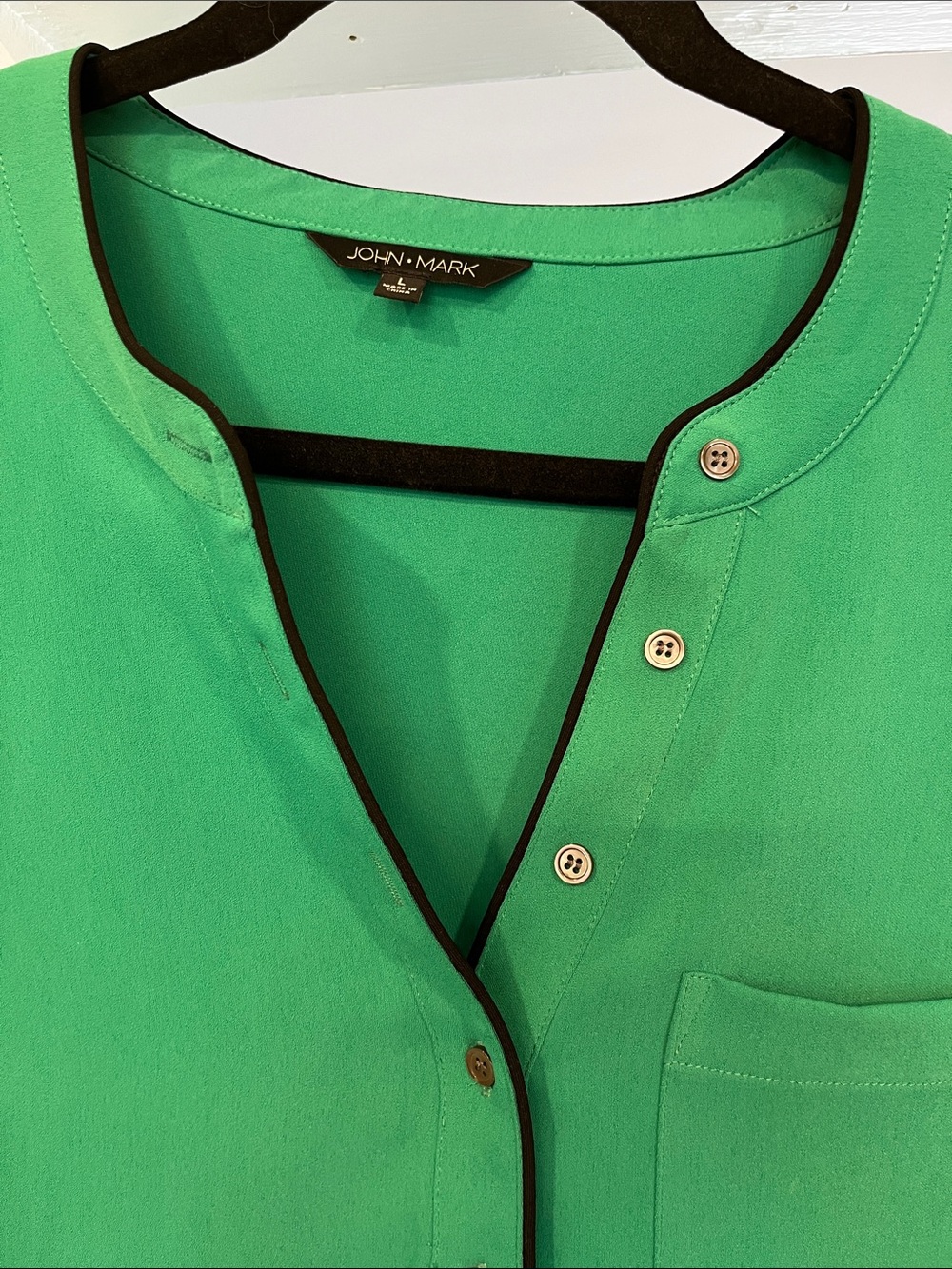 John Mark Emerald Green Blouse with Black Trim Size L